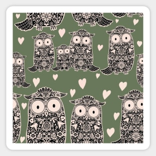 Folk Art Owls, Owlets and Hearts on Green Sticker